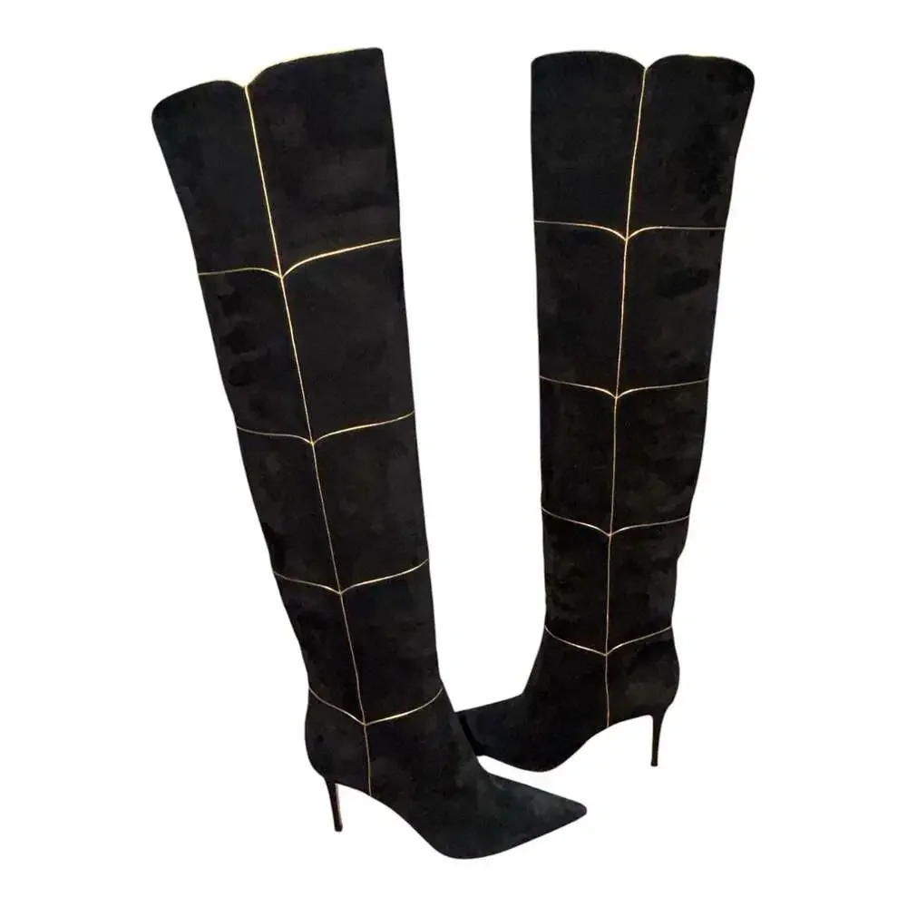 Gianvito Rossi Clarice 85Metallic Leather-Trimmed Suede Over-The-Knee Boots Sz40